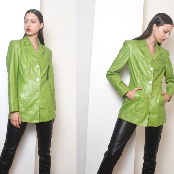 y2k lime green leather fitted blazer jacket S