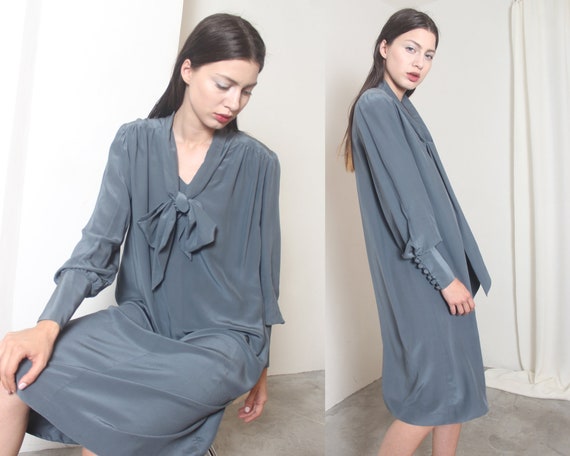 90s grey silk ascot tie bishop sleeve tent dress