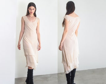 y2k beige silk layered asymmetric midi dress s m