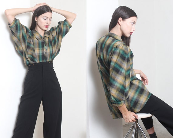 70s plaid balloon sleeve blouse