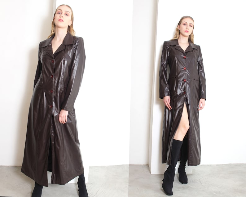 y2k 00s mahogany vinyl floor length futuristic maxi coat image 3