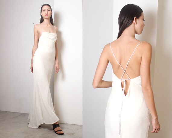 90s ivory velvet draped backless maxi dress