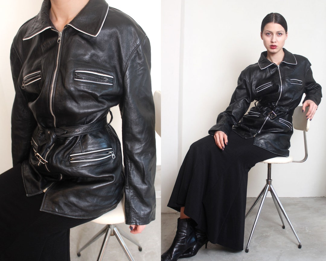 B&w Leather Piping Zip up Belted Coat Jacket - Etsy