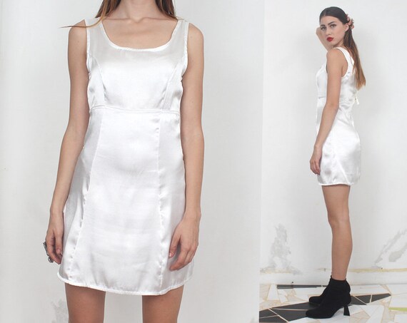 90s minimal pearl satin white mini dress s