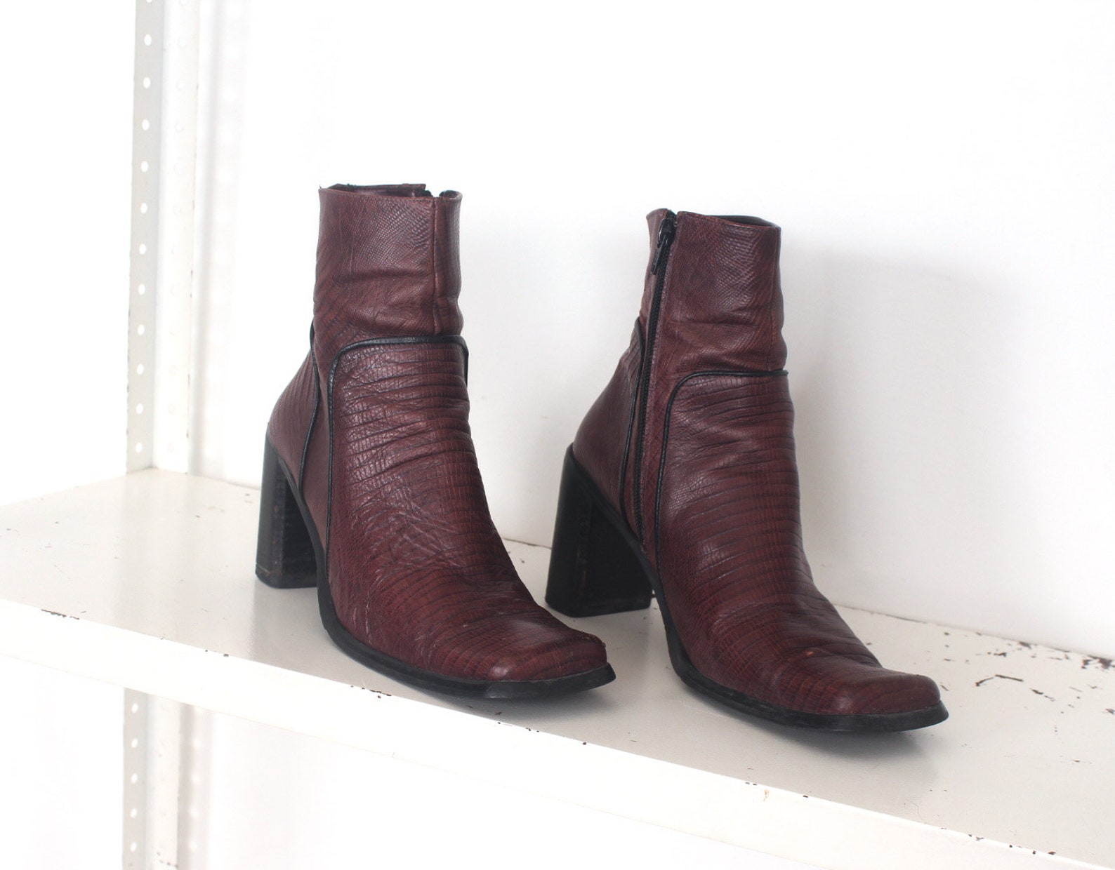 leather block heel square toe ankle boots