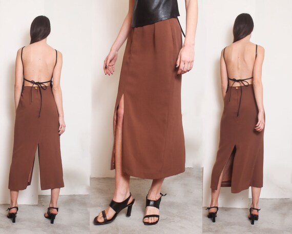 90s brown slits minimal maxi skirt