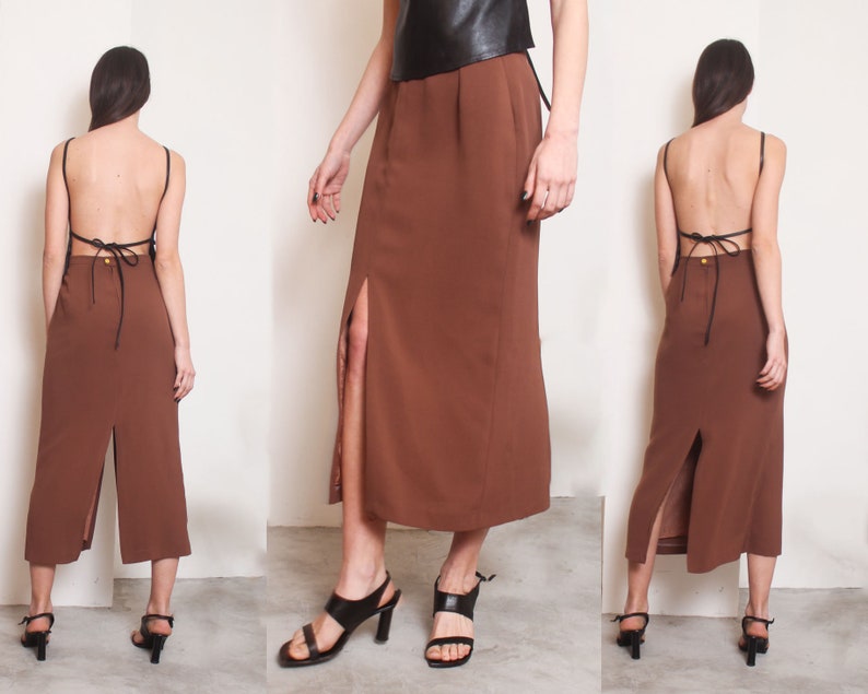 90s brown slits minimal maxi skirt image 1