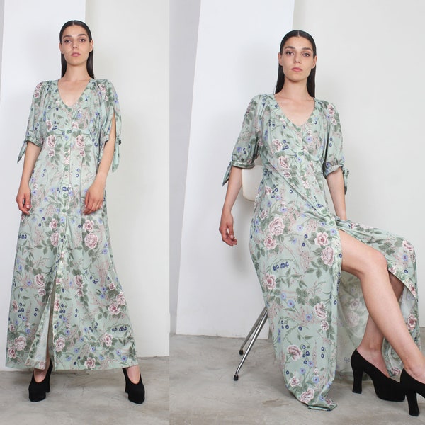 70s mint floral button up maxi dress