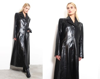 y2k 00s black vinyl floor length futuristic maxi coat