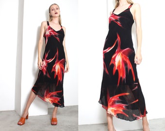 00s black red abstract print asymmetric midi maxi dress m l