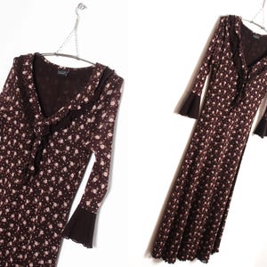 y2k brwn ruffle pink calico floral print mesh layered midi dress