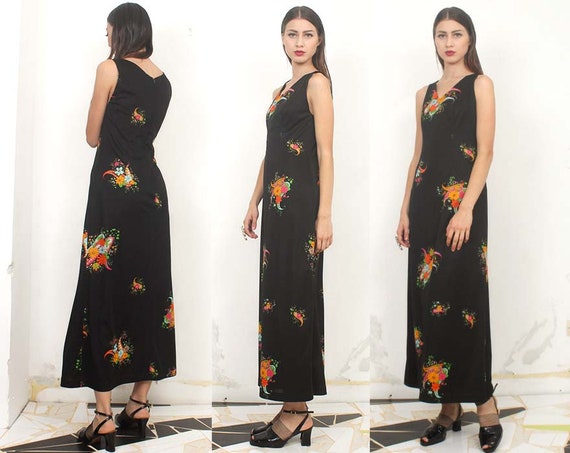 70s black paisley floral maxi dress m