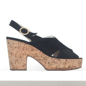70s black suede leather cork platform sandals