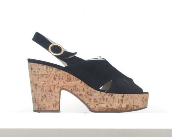 70s black suede leather cork platform sandals