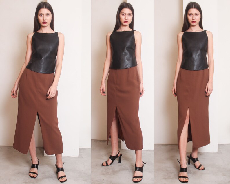 90s brown slits minimal maxi skirt image 4