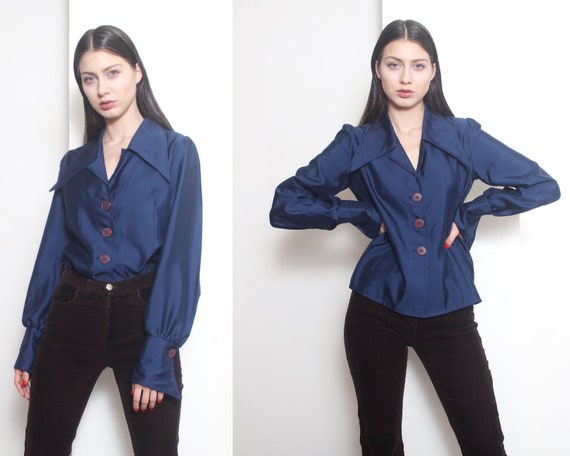70s blue dagger collar blouse shirt