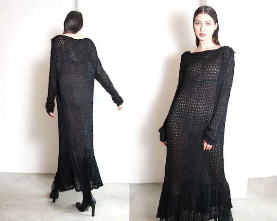 antique black knit crochet maxi dress - image 2