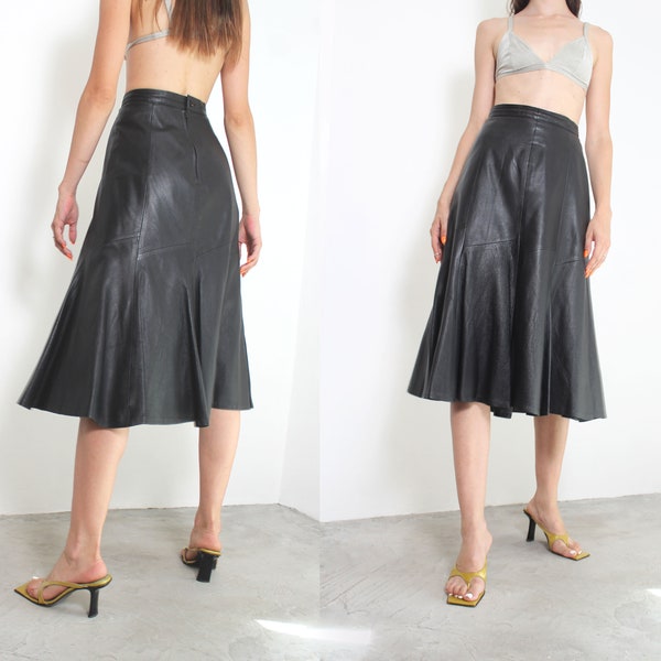 80s black leather flowy a line midi skirt