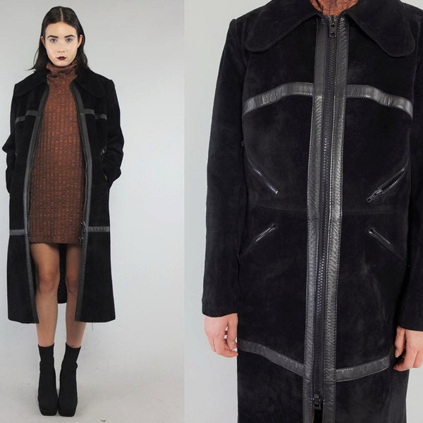 Vtg 60s Black Leather Suede Mod Minimal Dogear Futuristic Coat S-M