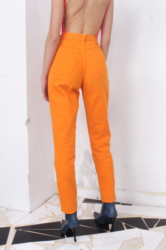 90s neon orange high waist jeans - image 5
