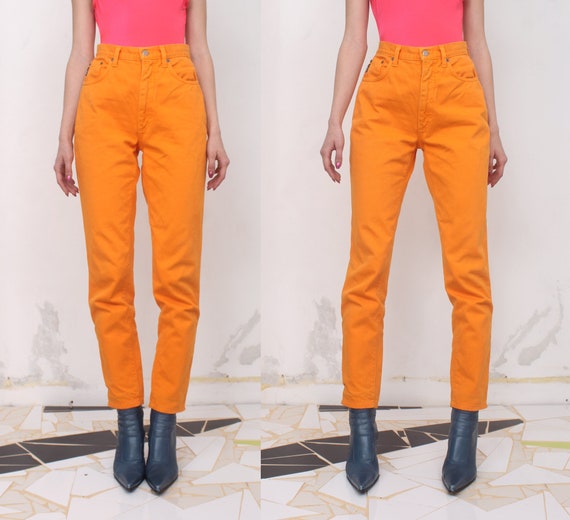 90s neon orange high waist jeans - image 3