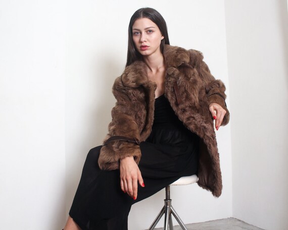 70s taupe curly lamb fur coat