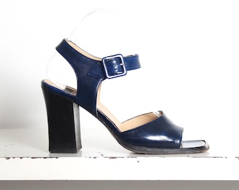 90s indigo blue leather chunk heel sandals 38