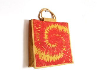 70s orange tie dye canvas woven wood handle tote bag