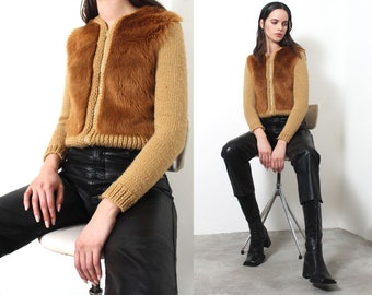 tan knit sheepskin fur zipper cardigan