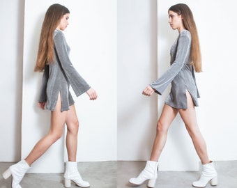 90s grey sleek bell sleeve mini dress