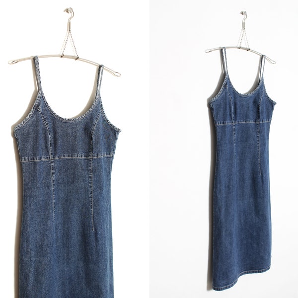 90s 00s denim jean spaghetti straps midi dress