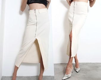 【BONNAE】 Slit zip skirt ♥2Colors Y2k Ivory Zipper Slit Midi Pencil Skirt - Etsy