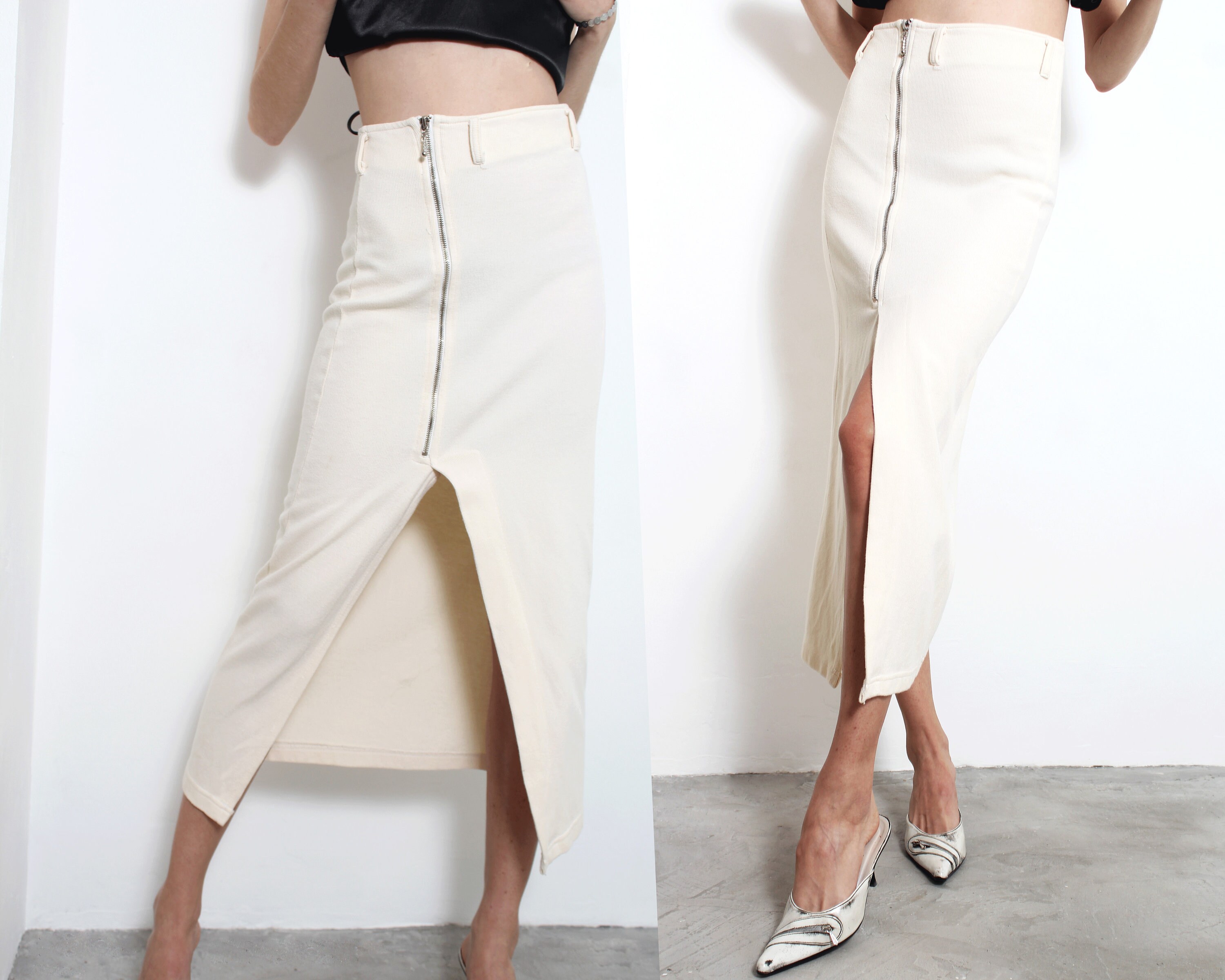 Y2k Ivory Zipper Slit Midi Pencil Skirt - Etsy