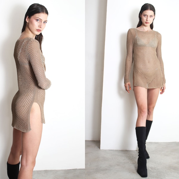 beige crochet sheer tunic mini dress