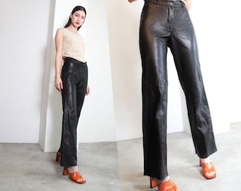 black nappa leather high waist straight wide leg minimal pants