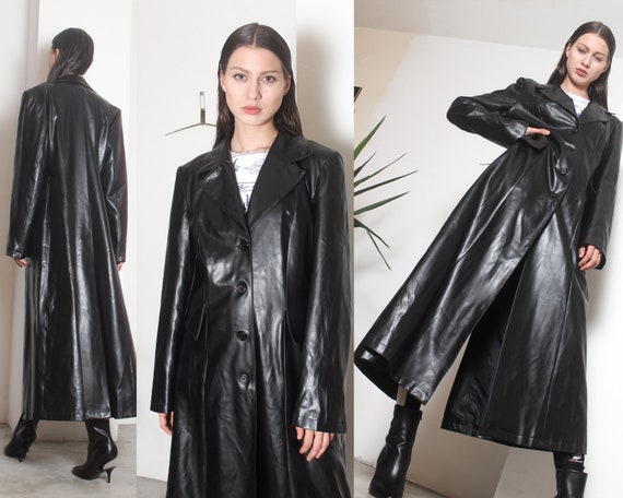 90s black floor length pvc pleather futuristic coa