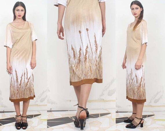 70s rye print boho tent midi dress