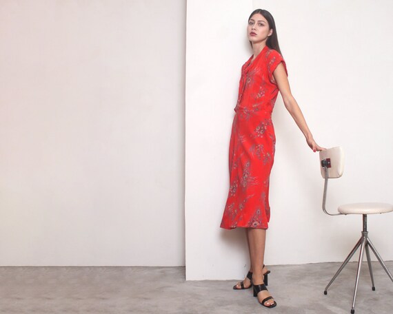 40s silk red floral midi dress