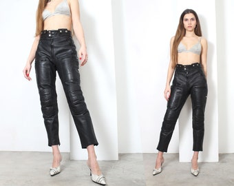 90s black leather high waist biker pants