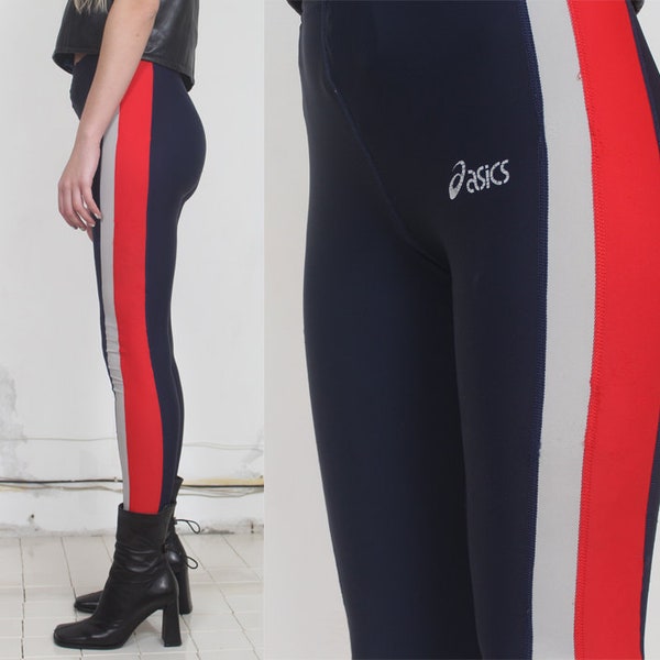 90s navy elastic hi waist side striped drawstring sport leggings s