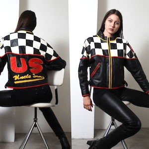 80s leather checkered &#39;U.S. uncle sam&#39; jacket