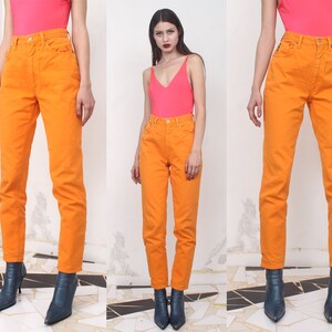 Jeans Slim Femme Vintage Années 90 - Orange Fluo, Taille 34/36, Stretch, Neuf Avec étiquettes