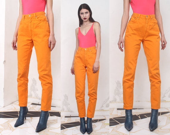 90s neon orange high waist jeans - image 1