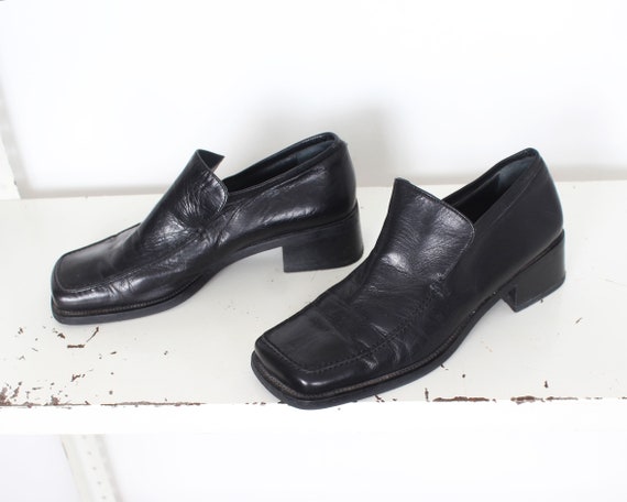 Cuero negro zapatos punta cuadrada mínima - Etsy México