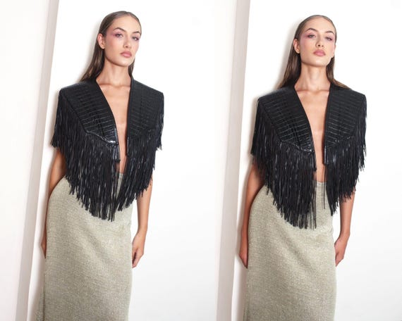 70s crocodile alligator western fringe leather vest cape collar os