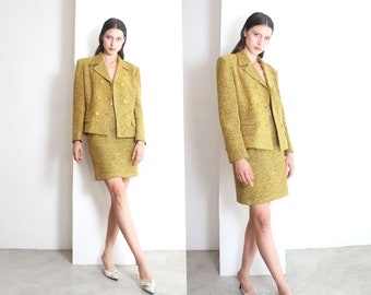 mustard wool blazer skirt set