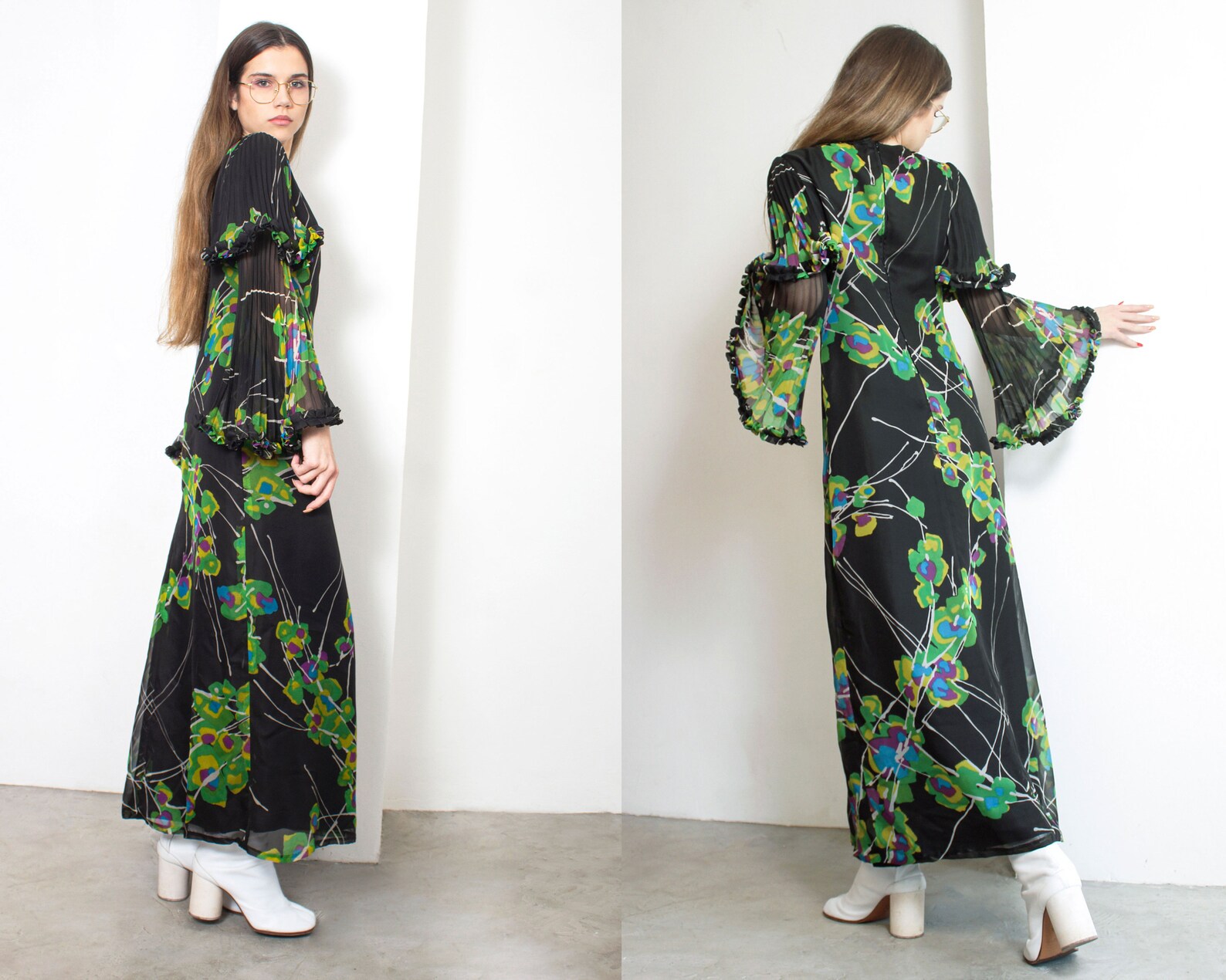70s Floral Angel Sleeve Maxi Dress - Etsy