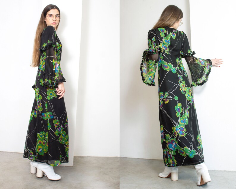 70s Floral Angel Sleeve Maxi Dress - Etsy