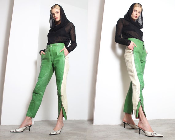 green| white leather motorcycle pants s - image 3