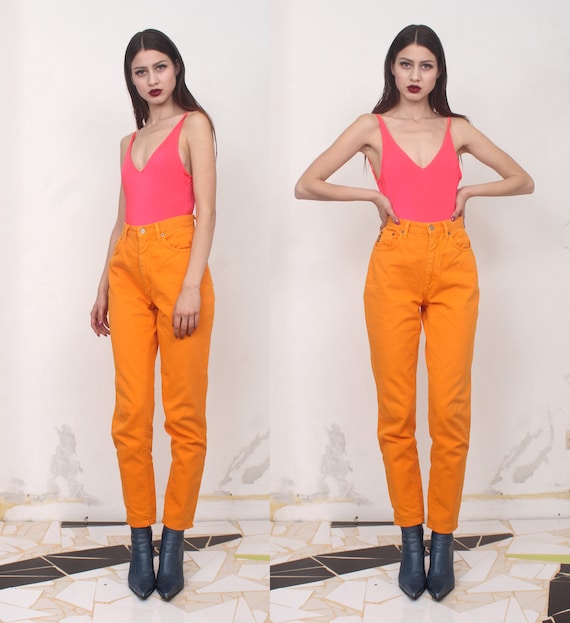 90s neon orange high waist jeans - image 2